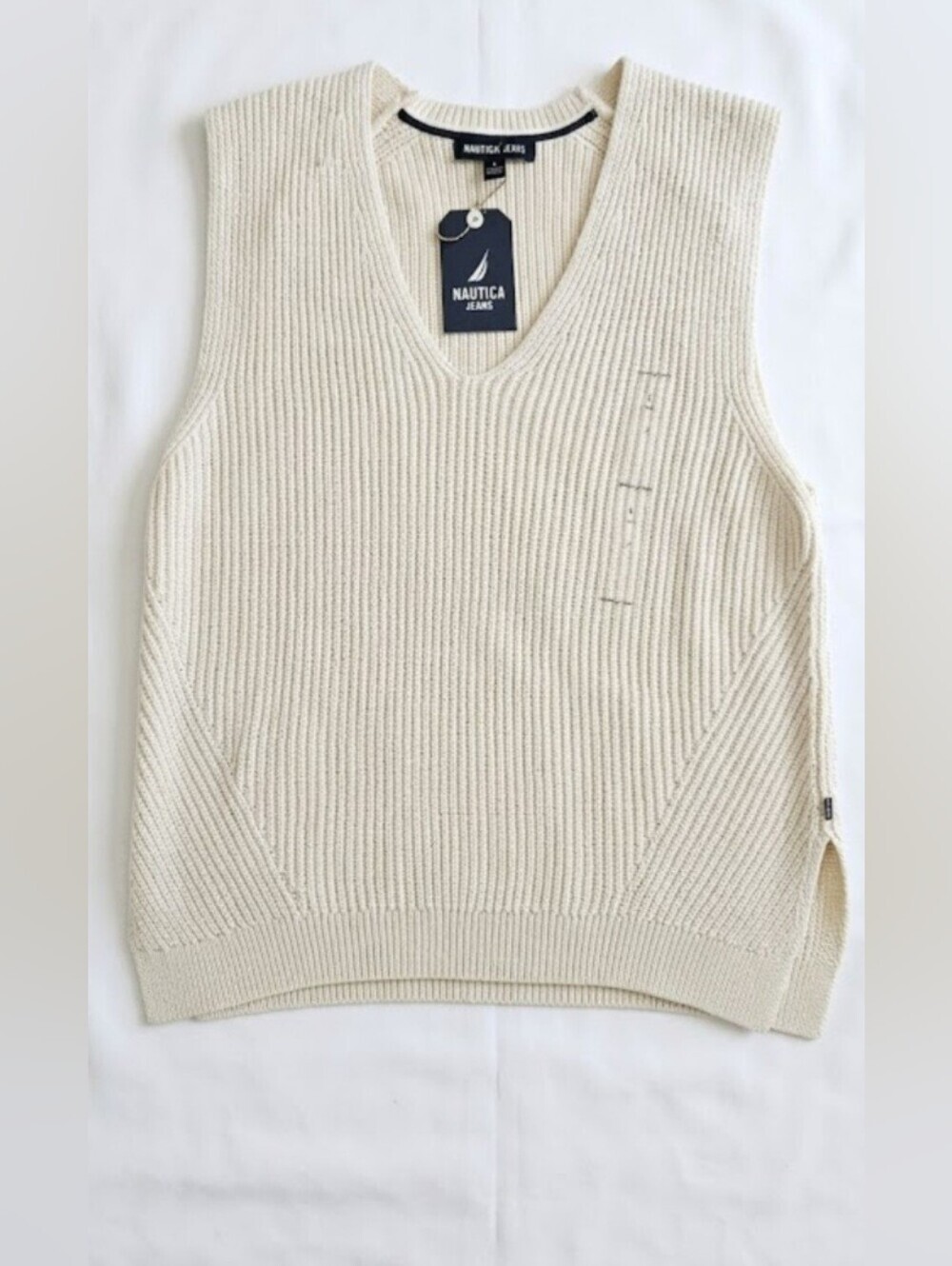 NWT Nautica Ivory Ribbed Sweater Vest Womens Large Preppy.